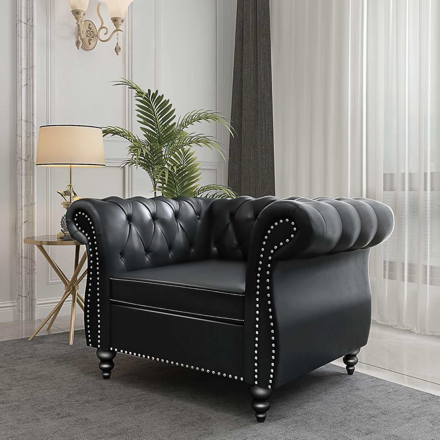 3-Piece Living Room Sectional Sofa Set, Upholstered Sofa Modern Sofa Couches Set Style Button Tufted, PU Chesterfield Sofa for Living Room Apartment, 1+2+3 Seat PU Black-4