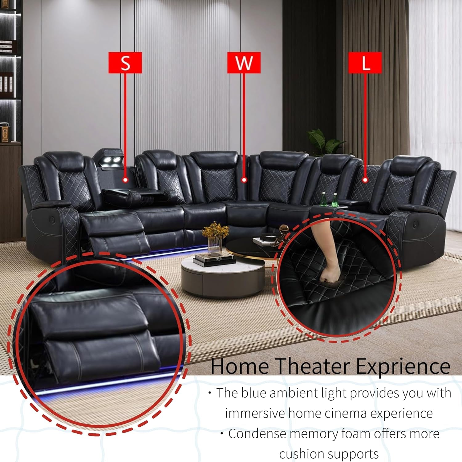 Power Recliner Sofa Sectional Sofa with LED Light for Living Room, Air Leather Reclining Corner Sectional Sofa Set, Cup Holder, Storage Console for Home Theater Seating (Black, Sectional)-4