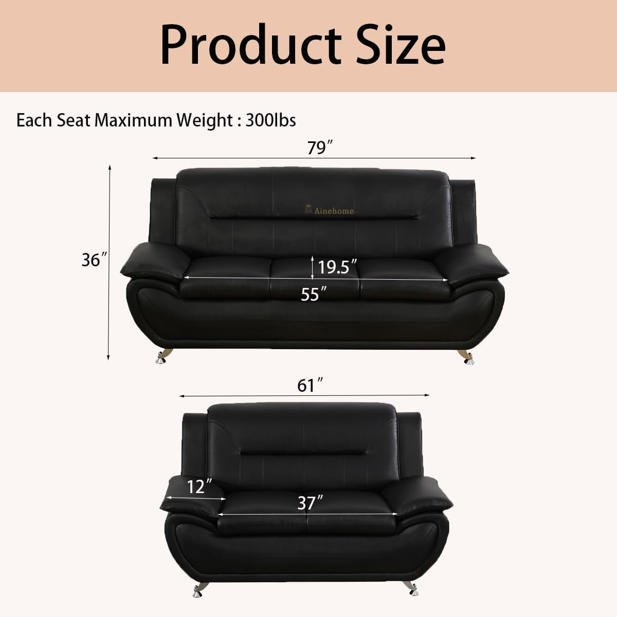 Sectional Sofa Sets, Living Room Furniture Sets Modern Faux Leather Sofa Couch 5-Seat Sofa for Living Room(A-Black, Sofa+Loveseat)-1