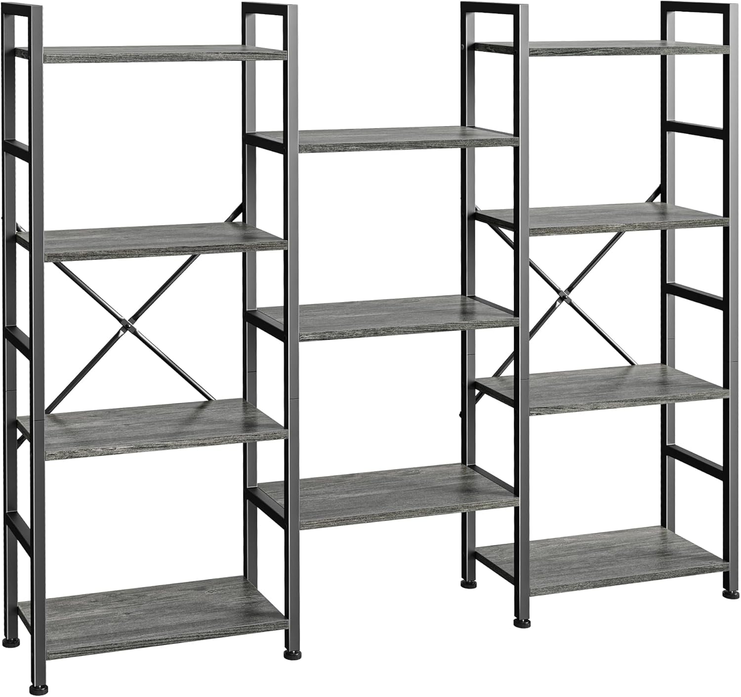 Triple 4 Tier Bookshelf, Bookcase with 11 Open Display Shelves, Wide Book Shelf Book Case for Home & Office, Grey-0