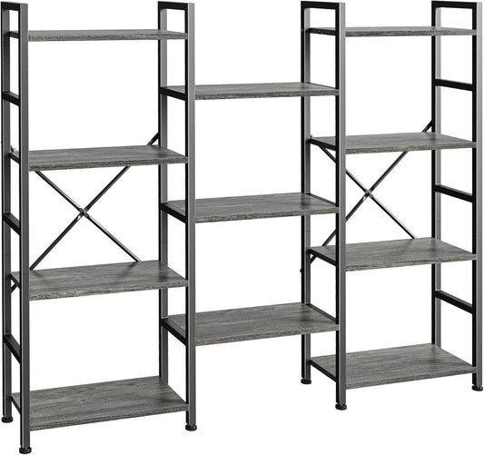 Triple 4 Tier Bookshelf, Bookcase with 11 Open Display Shelves, Wide Book Shelf Book Case for Home & Office, Grey-0