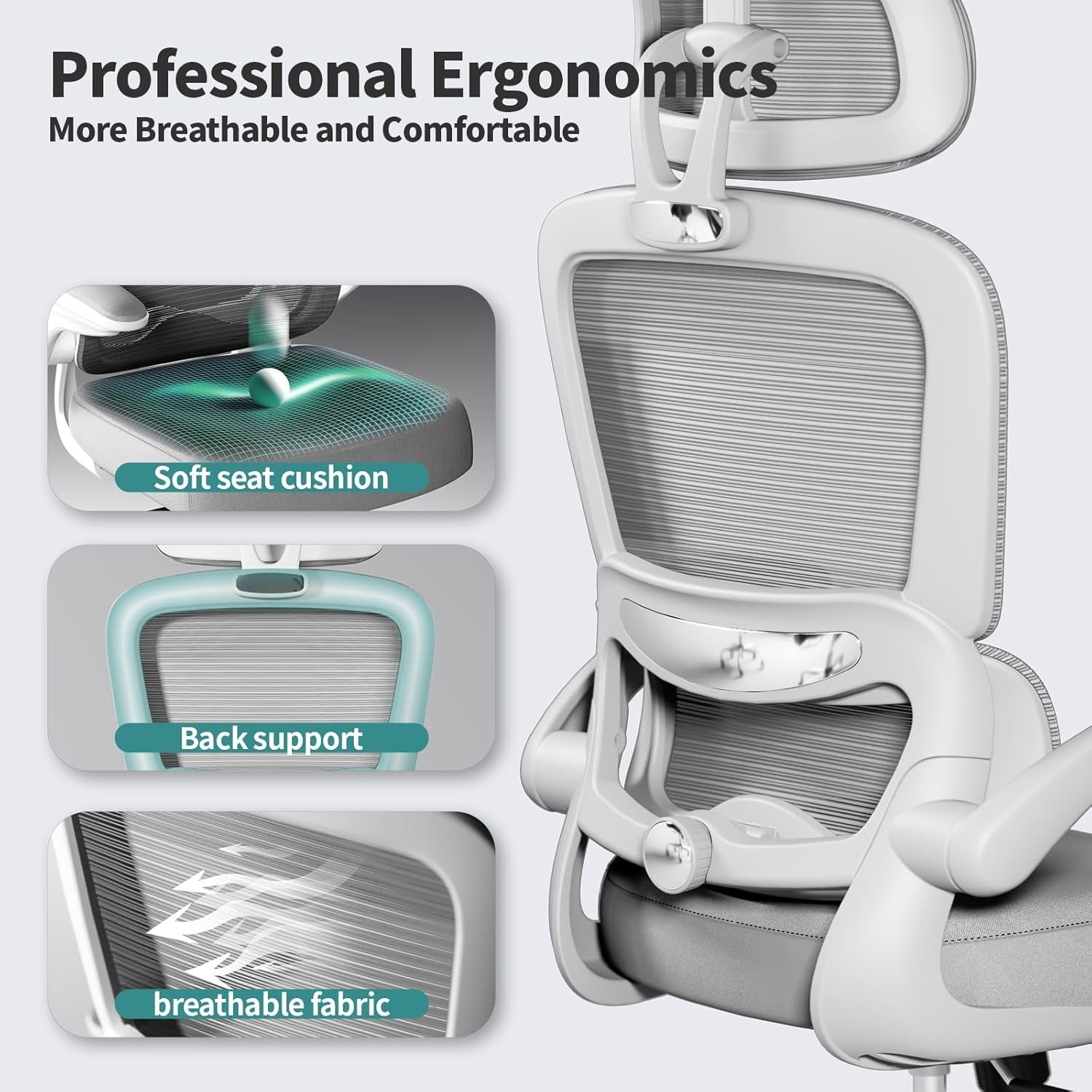 Office Chair Ergonomic Desk Chair, 330 LBS Home Mesh Office Desk Chairs with Wheels, Comfortable Gaming Chair, High Back Office Chair for Long Hours, Office Chair for Study and Work (Grey)-1