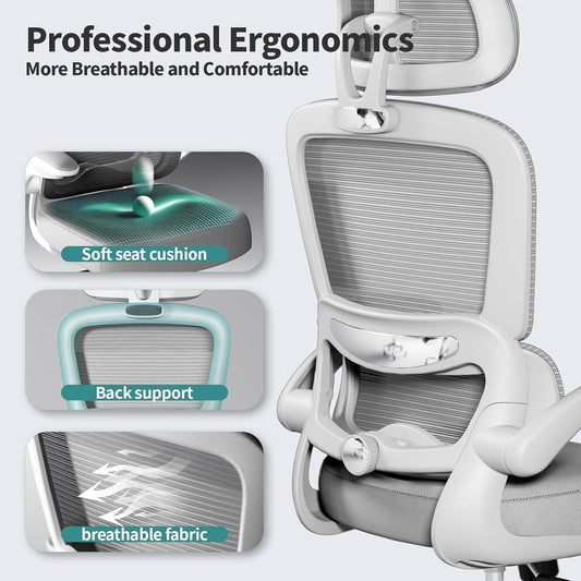 Office Chair Ergonomic Desk Chair, 330 LBS Home Mesh Office Desk Chairs with Wheels, Comfortable Gaming Chair, High Back Office Chair for Long Hours, Office Chair for Study and Work (Grey)-1