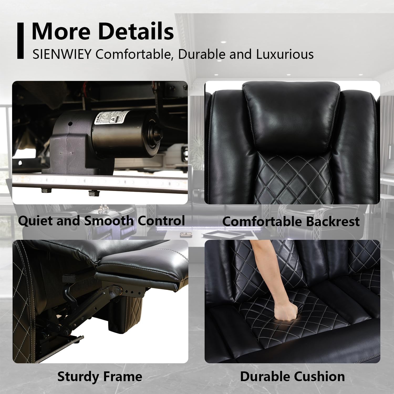 Power Black Leather Reclining Sofa Set with LED Light for Living Room Set，Theater Seat Recliner Chair 3 Seats Double Recliner Sofa with Drop-Down Table/Read Light/Wireless Charge/Usb Port-4