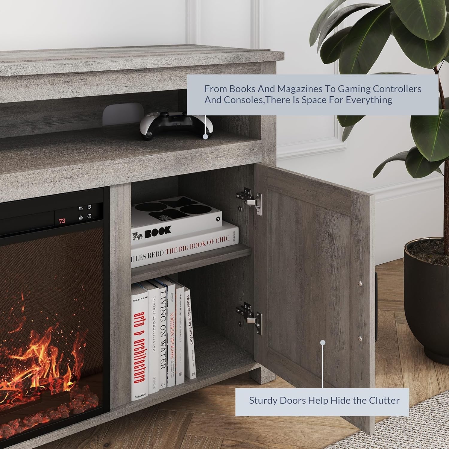 Barn Door Wood Electric Fireplace TV Stand for Tvs up to 65 Inches Open Shelves and Cabinets Media Entertainment Center Console Table - Corin (Gray Wash)-1