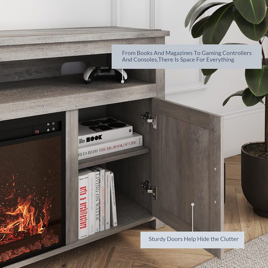 Barn Door Wood Electric Fireplace TV Stand for Tvs up to 65 Inches Open Shelves and Cabinets Media Entertainment Center Console Table - Corin (Gray Wash)-1