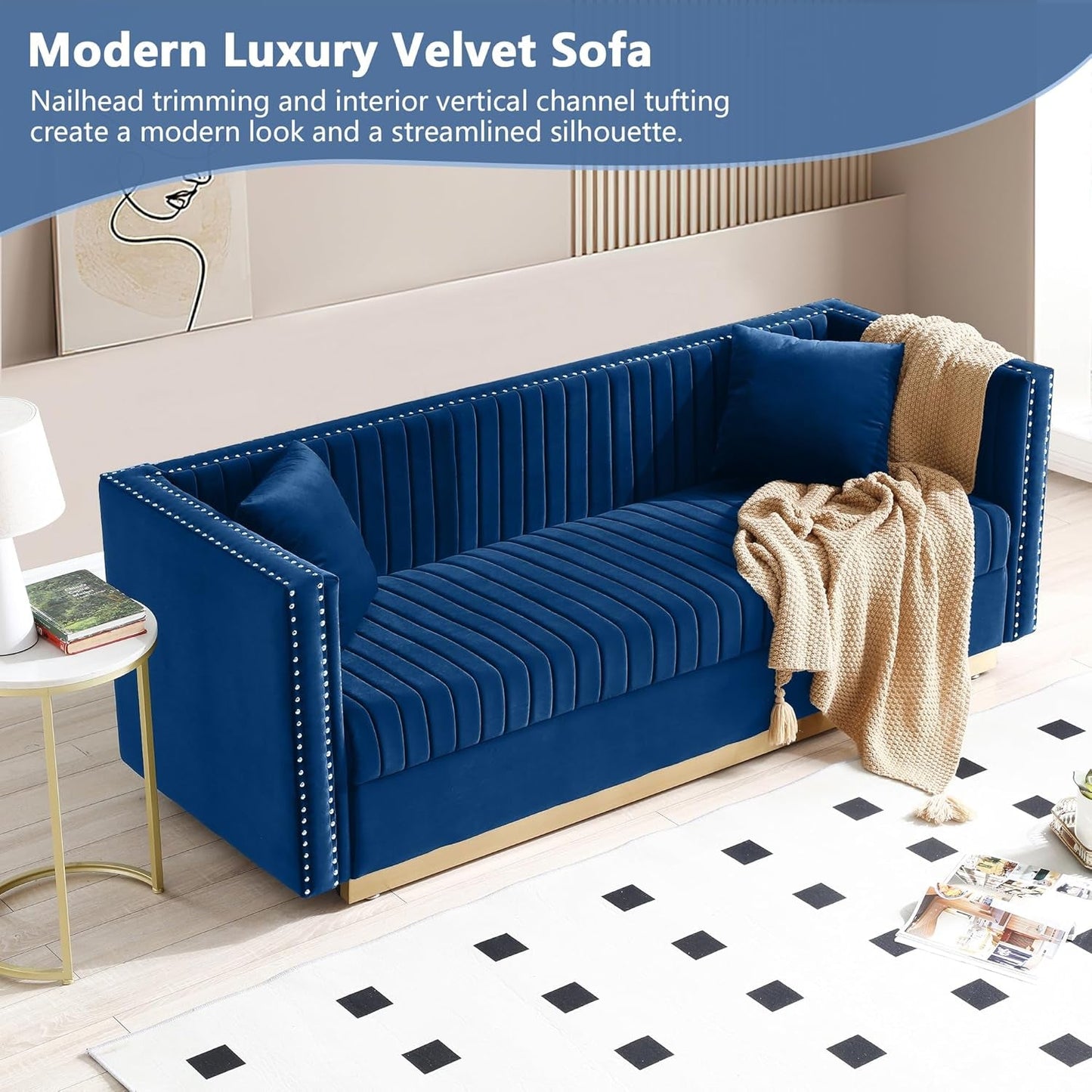 Luxury Velvet Sofa Set for Living Room, Modern Decor Furniture Channel Sofa Couch and Loveseat with Nailhead Gold Metal Legs and 4 Pillows for Bedroom, Hall, Blue-4