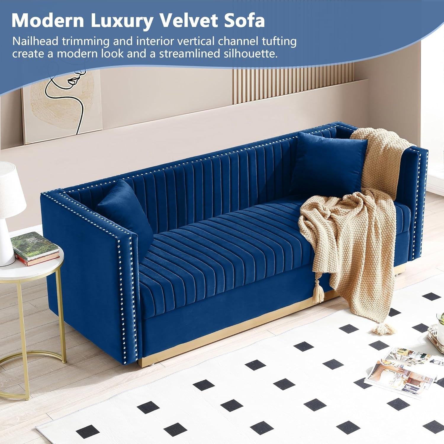 Luxury Velvet Sofa Set for Living Room, Modern Decor Furniture Channel Sofa Couch and Loveseat with Nailhead Gold Metal Legs and 4 Pillows for Bedroom, Hall, Blue-4