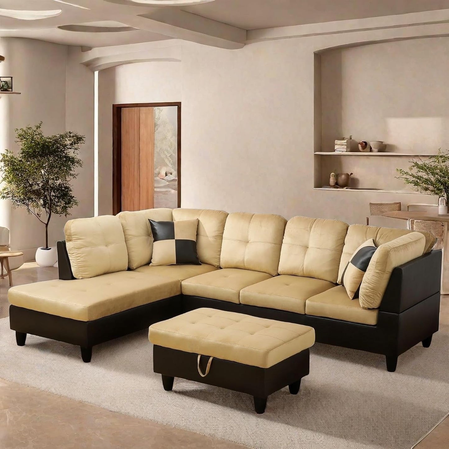 L Shaped Sectional Couch with Otttoman, 103" Sectional Sofa for Living Room Flannel Modular Couches with Cup Holders for Bedroom, Apartments, Beige &Brown-4