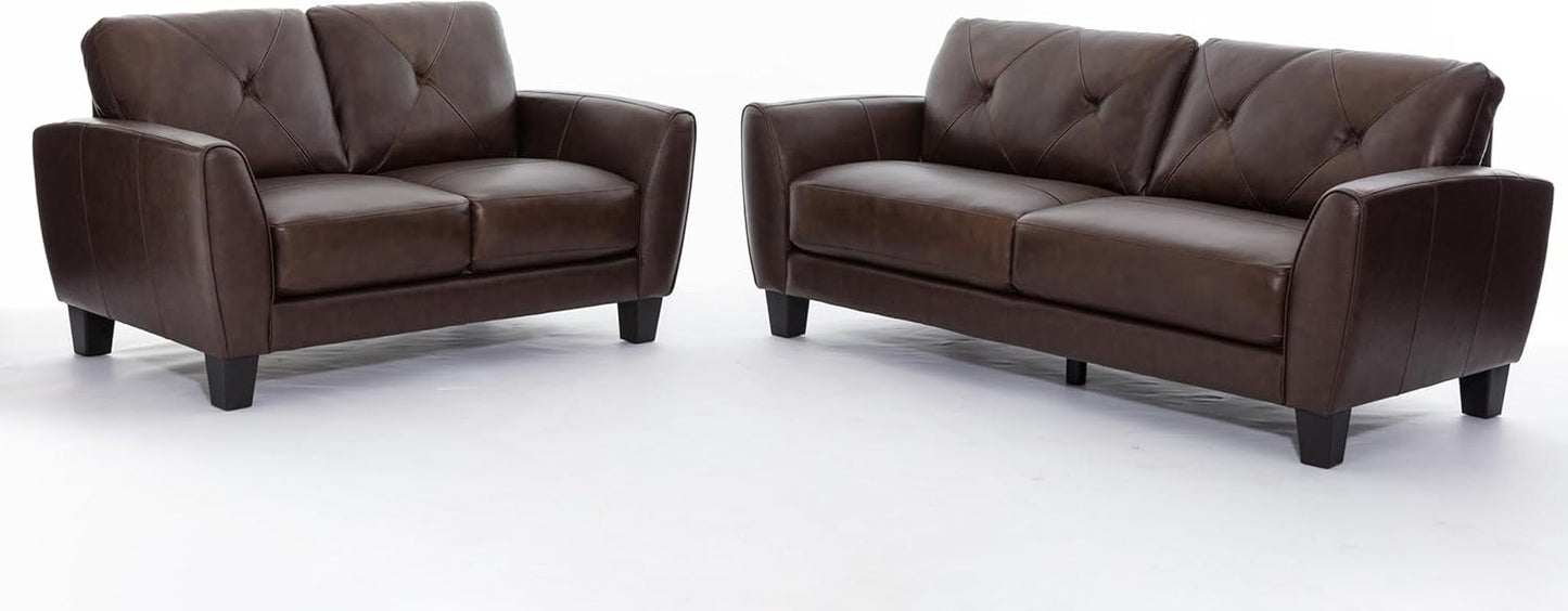 2 Pieces Amarican Living Room Sofa Sets Include Loveseat Sofa and 3 Seaters Couch,Genuine Leather Upholstered Tufted Sectional Sofa&Couch for Home Office Apartment, 82"/62"-0