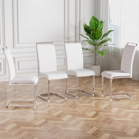 Modern Dining Chairs Set of 4, PU Faux Leather High Back Upholstered Dining Room Side Chair with Horizontal Stripe Backrest Design for Kitchen Living Room Vanity Patio Dinner Chairs, White-0
