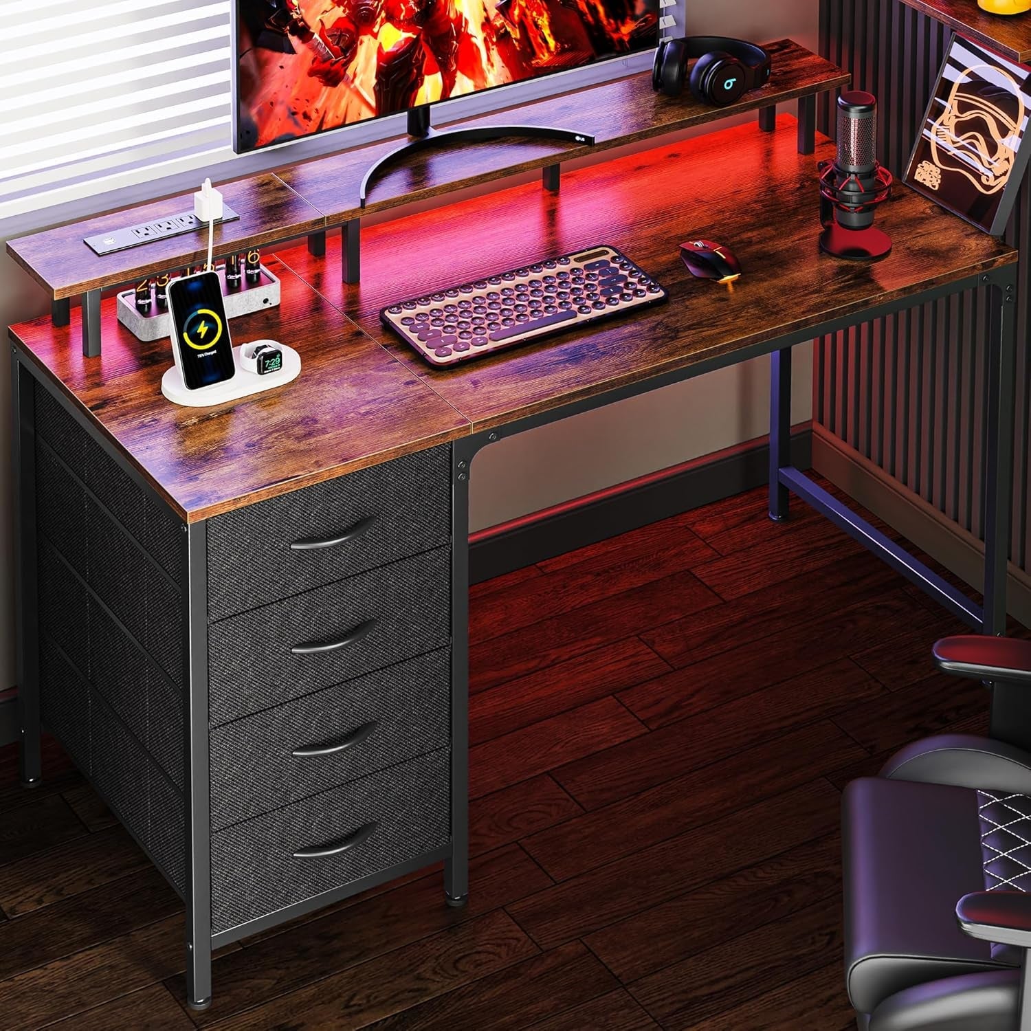 47 Inch Computer Desk with Power Outlets and LED Lights, Gaming Desk with 4 Drawers, Office Desk with Monitor Stand, Study Desk Work Desk for Home Office, Small Spaces, Rustic Brown-0
