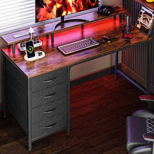 47 Inch Computer Desk with Power Outlets and LED Lights, Gaming Desk with 4 Drawers, Office Desk with Monitor Stand, Study Desk Work Desk for Home Office, Small Spaces, Rustic Brown-0