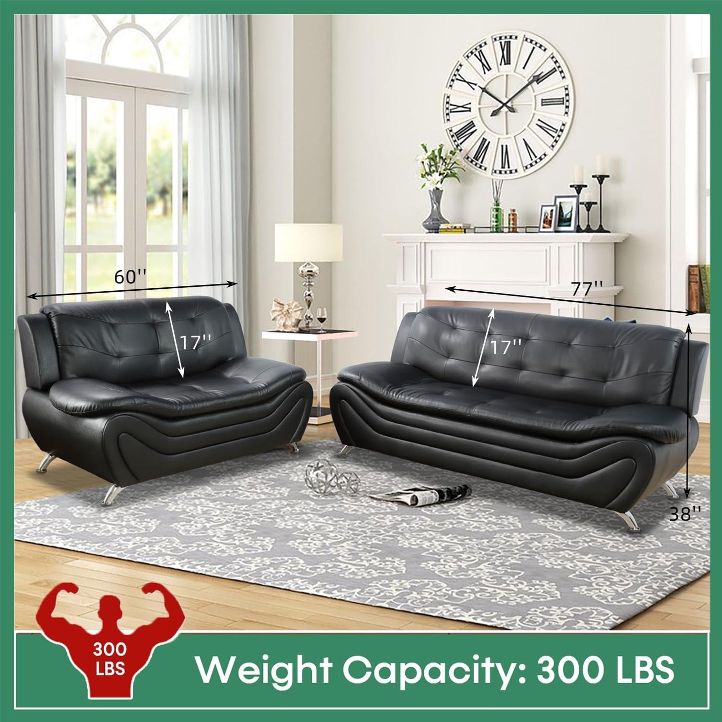 Leather Sofa Set,Leather Sofa Set for Living Room Furniture Sets, Loveseat Sofa with Chair 3-Piece for Living Room/Office/Apartment(Black)-2