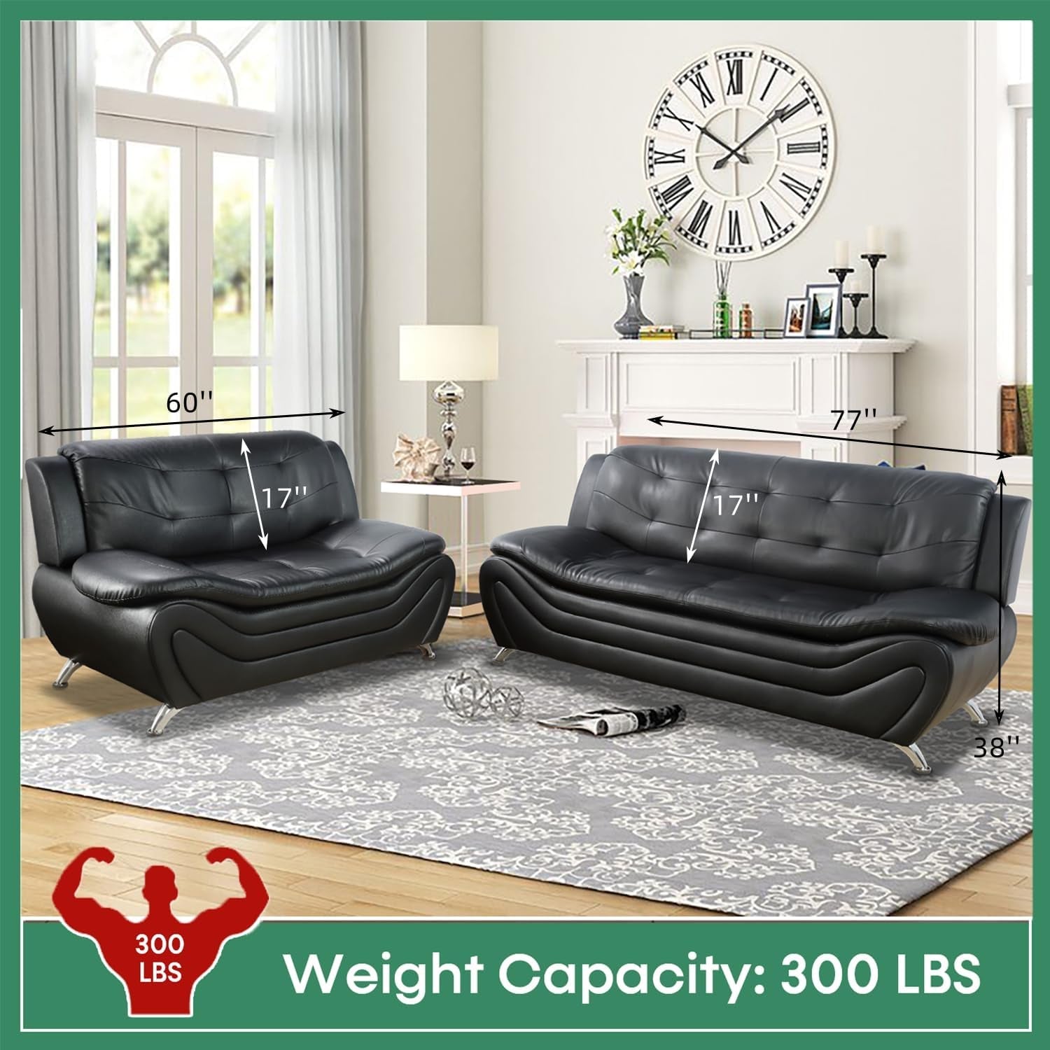 Leather Sofa Set,Leather Sofa Set for Living Room Furniture Sets, Loveseat Sofa with Chair 3-Piece for Living Room/Office/Apartment(Black)-2