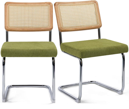 Modern Cesca Cane Dining Chairs, Set of 2, Handwoven Rattan Cane Back, Chrome Base, Upholstered Cotton Seat, Ideal for Kitchen or Dining Room, Green-0