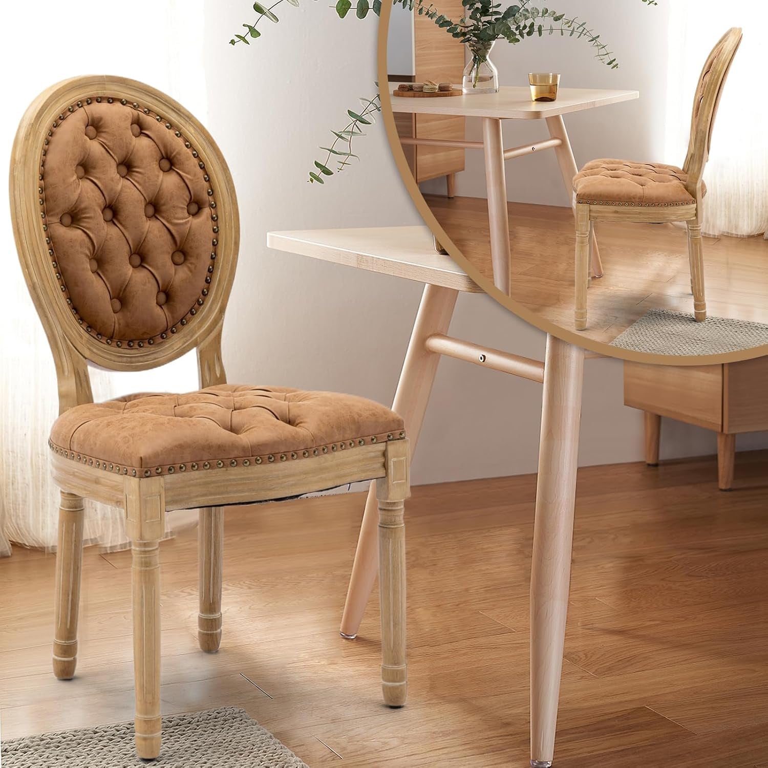 PU Leather Upholstered Dining Chairs Set of 6 French Country round Back Kitchen Side Chairs with Nailhead Trim and Wood Legs for Dining Room, Kitchen, Restaurant(Orange)-3