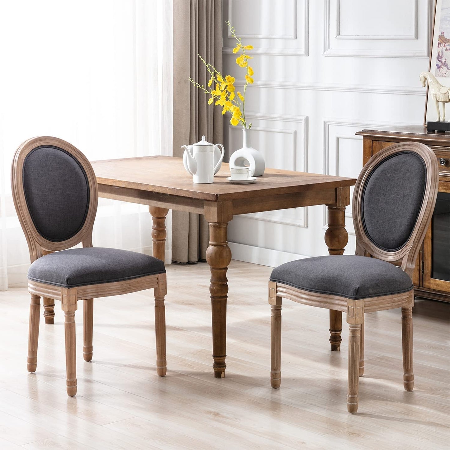 French Country Dining Chairs Set of 6, Upholstered, Solid Wood Leg-0