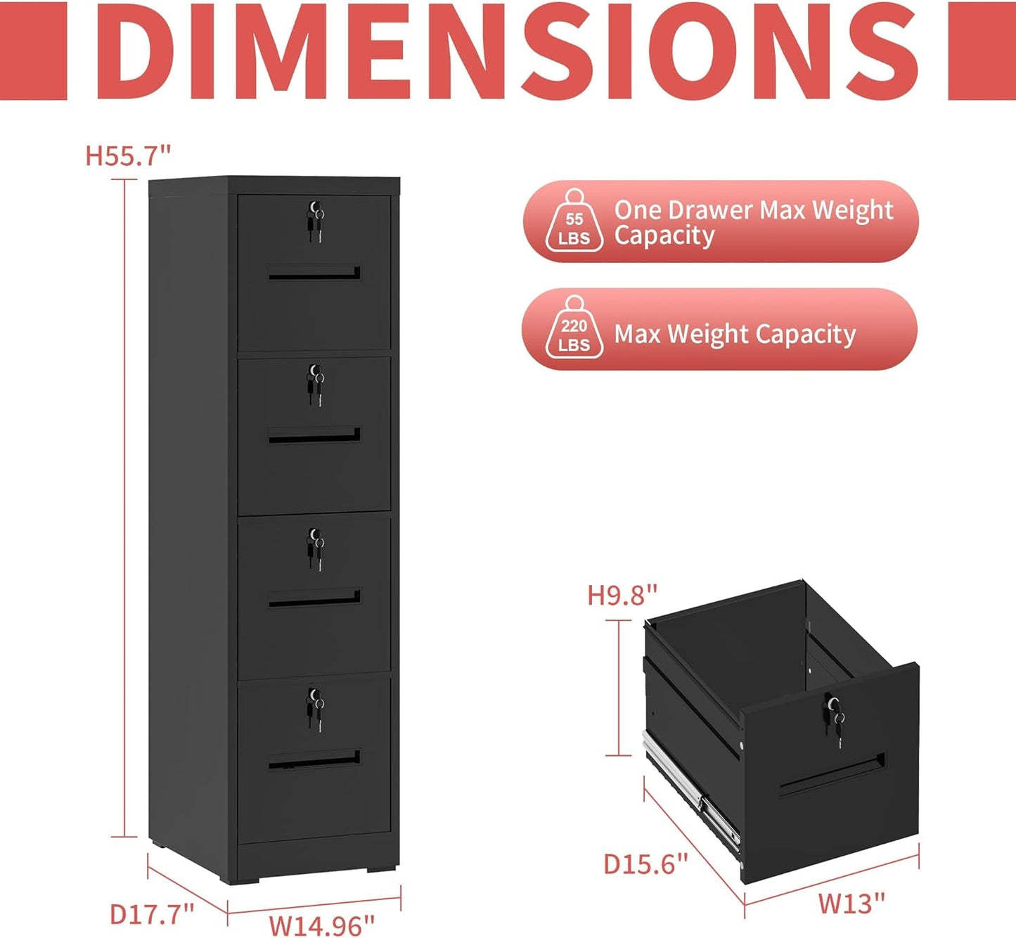 4 Drawer File Cabinet,Vertical Filing Cabinet with 4 Lockable Drawers,Black Metal File Cabinet for Home Office,Heavy Duty Steel File Cabinets for A4/Letter/Legal Size File,Assembly Required-2