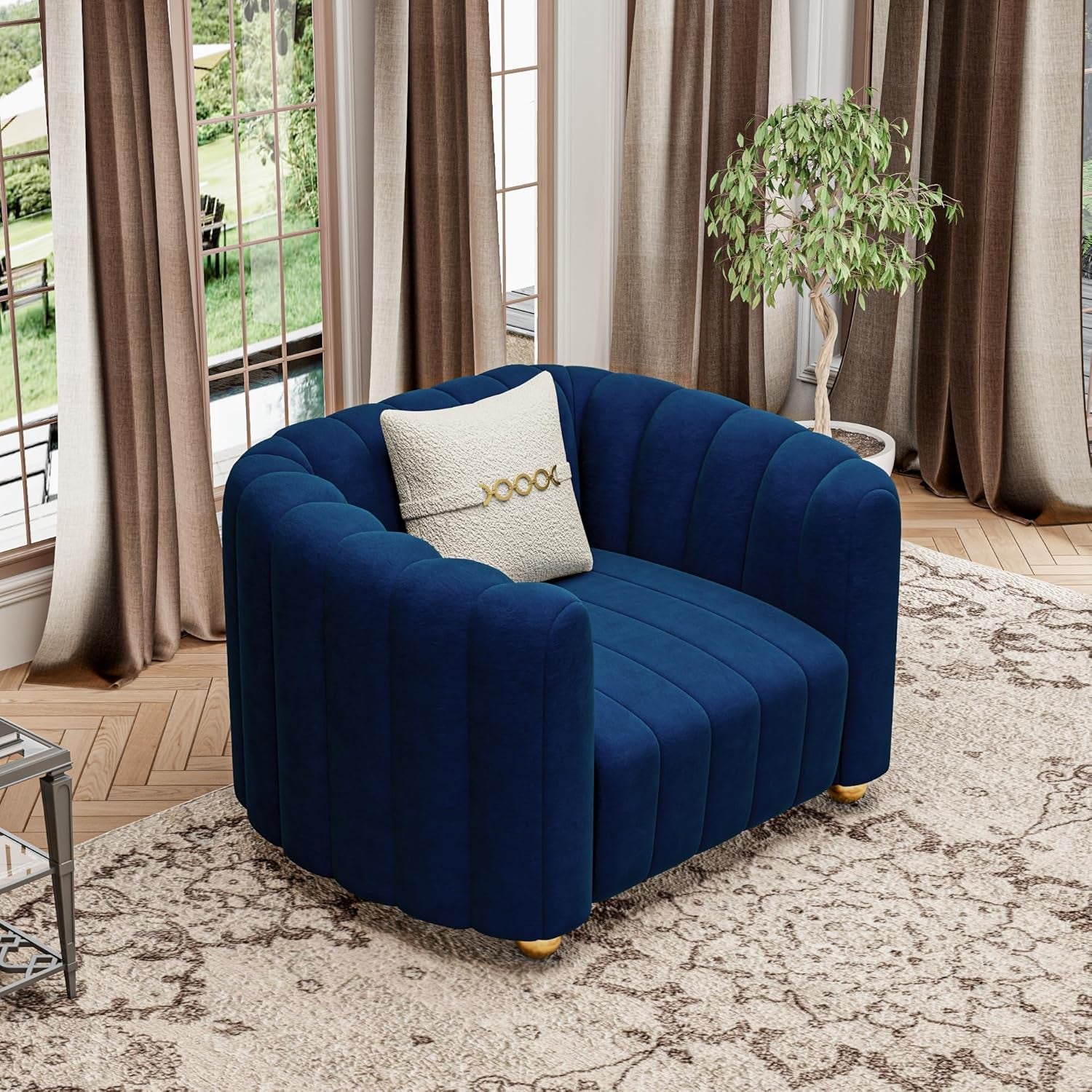 KEAI Blue Velvet Tufted Sofa Set for Living Room, 3 Piece Modern Design Couch Set with Gold Metal Ball Legs, Lovely Upholstered Sherpa Furniture Set for Office (Blue, 1+1+3 Set)-3