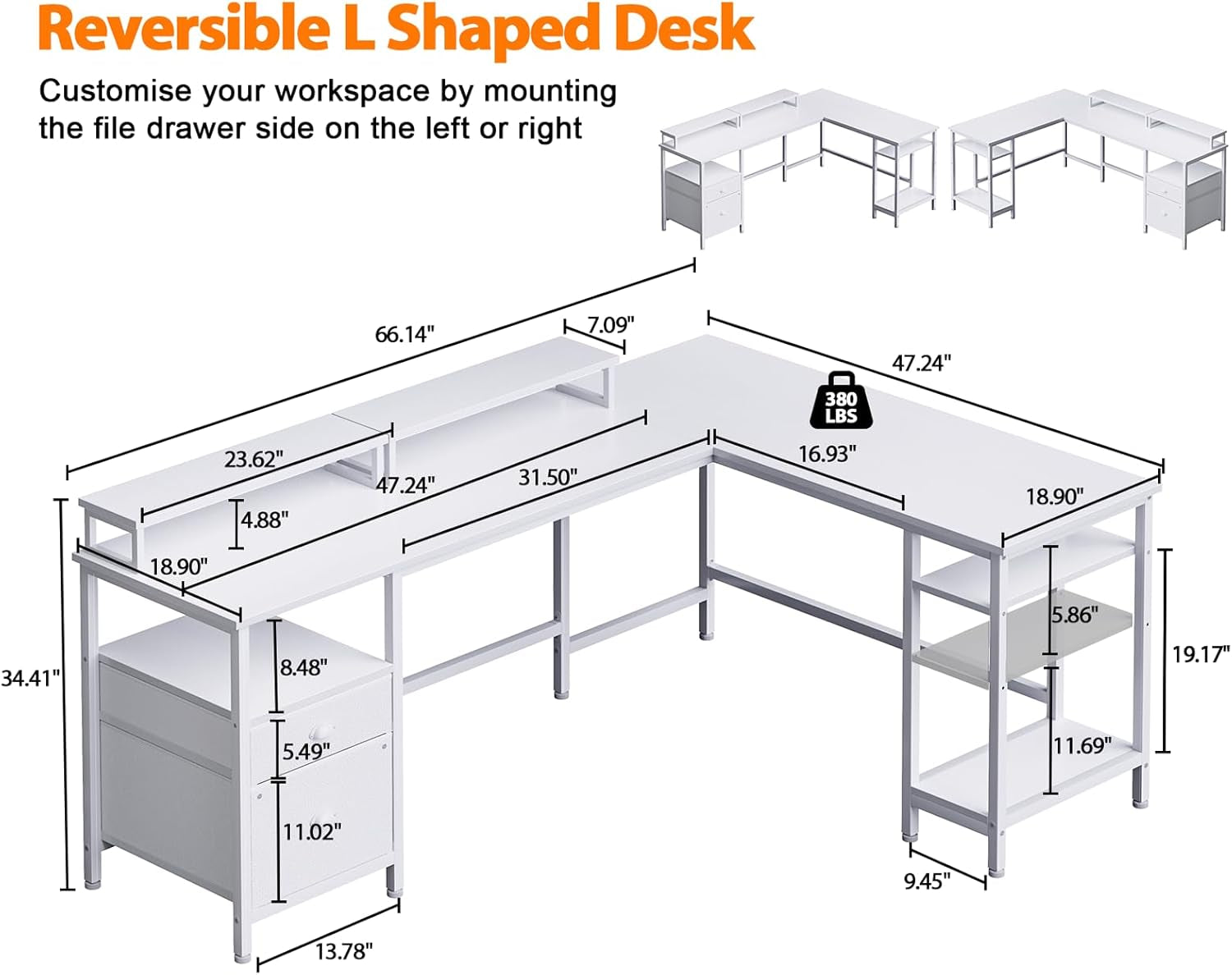 66" White L Desk with Shelves and Drawer-2