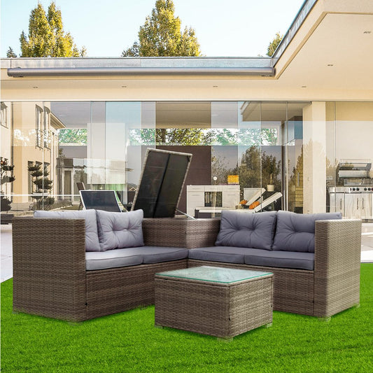 4 Piece Patio Furniture Sets, Patio Sectional Wicker Rattan Outdoor Furniture Sofa Set with Storage Box, Grey-0