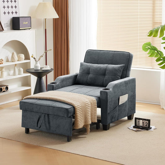 Sofa Bed Chair Recliner, 3-In-1 Convertible Sleeper Sofa Chair Bed Dark Gray Daybed Pull Out Couch Bed with Adjustable Backrest, USB Ports, Cup Holders for Small Spaces Living Room-0