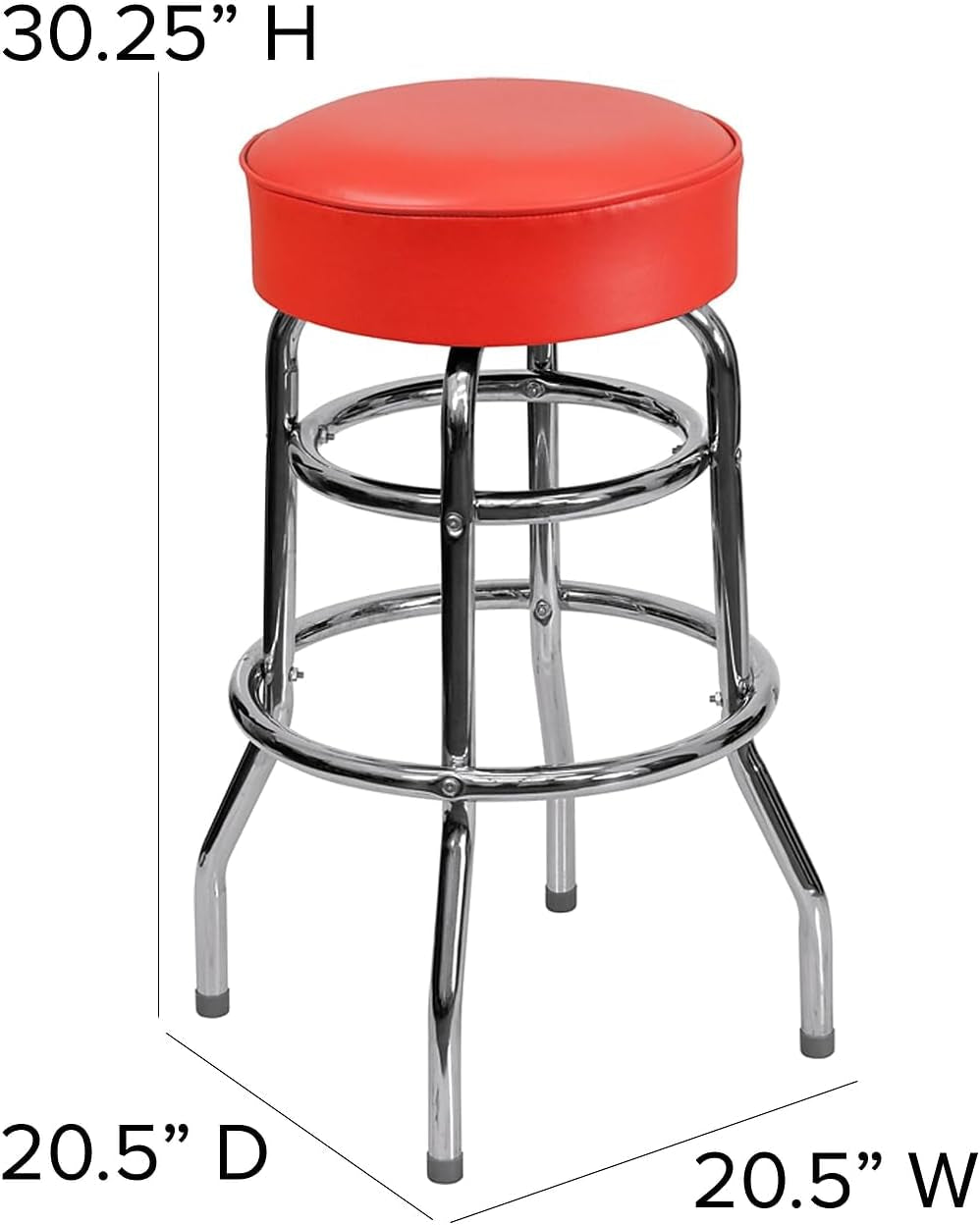 Bruno 2 Pack Double Ring Chrome Barstool with Red Seat-2