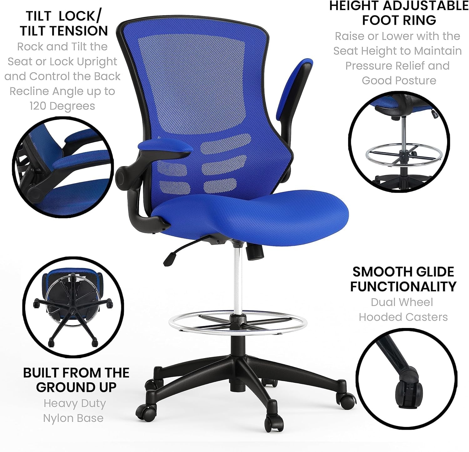 Kelista Mid-Back Swivel Office Chair with Adjustable Seat Height, Ergonomic Mesh Desk Chair with Flip-Up Armrests, Blue-4