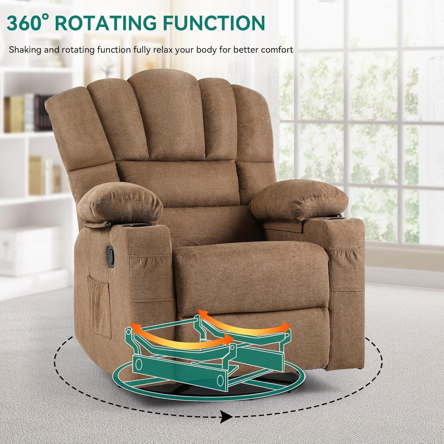 360°Swivel Rocking Recliner, Comfy Recliner Chair, Fabric Manual Reclining Chair with 2 Cup Holders, Side Pockets for Living Room, Bedroom, Home Theater Seating, Brown-2