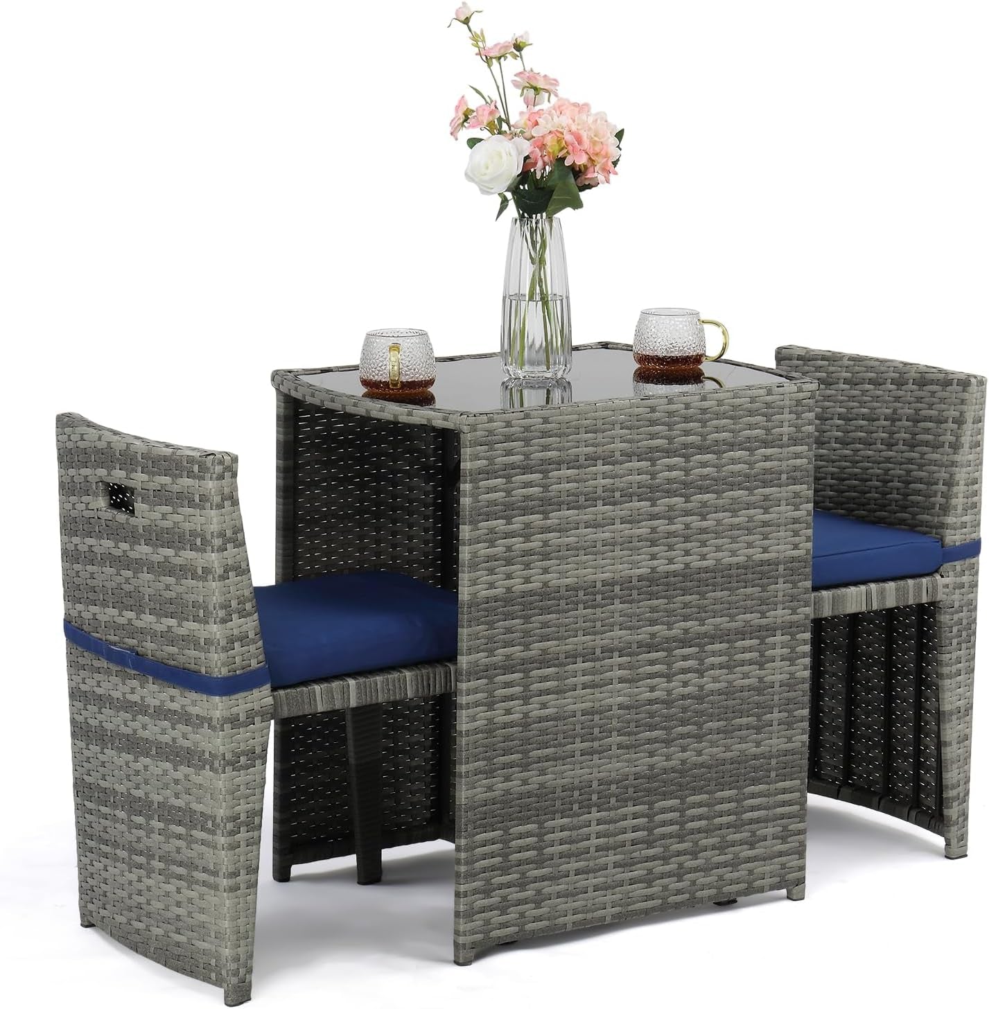 3 PCS Wicker Outdoor Patio Bistro Set, Patio Furniture Set for Small Space with Glass Top Table Dining Chairs, Balcony Furniture Patio Table and Chairs Set of 2 for Garden Yard Porch (Grey)-0