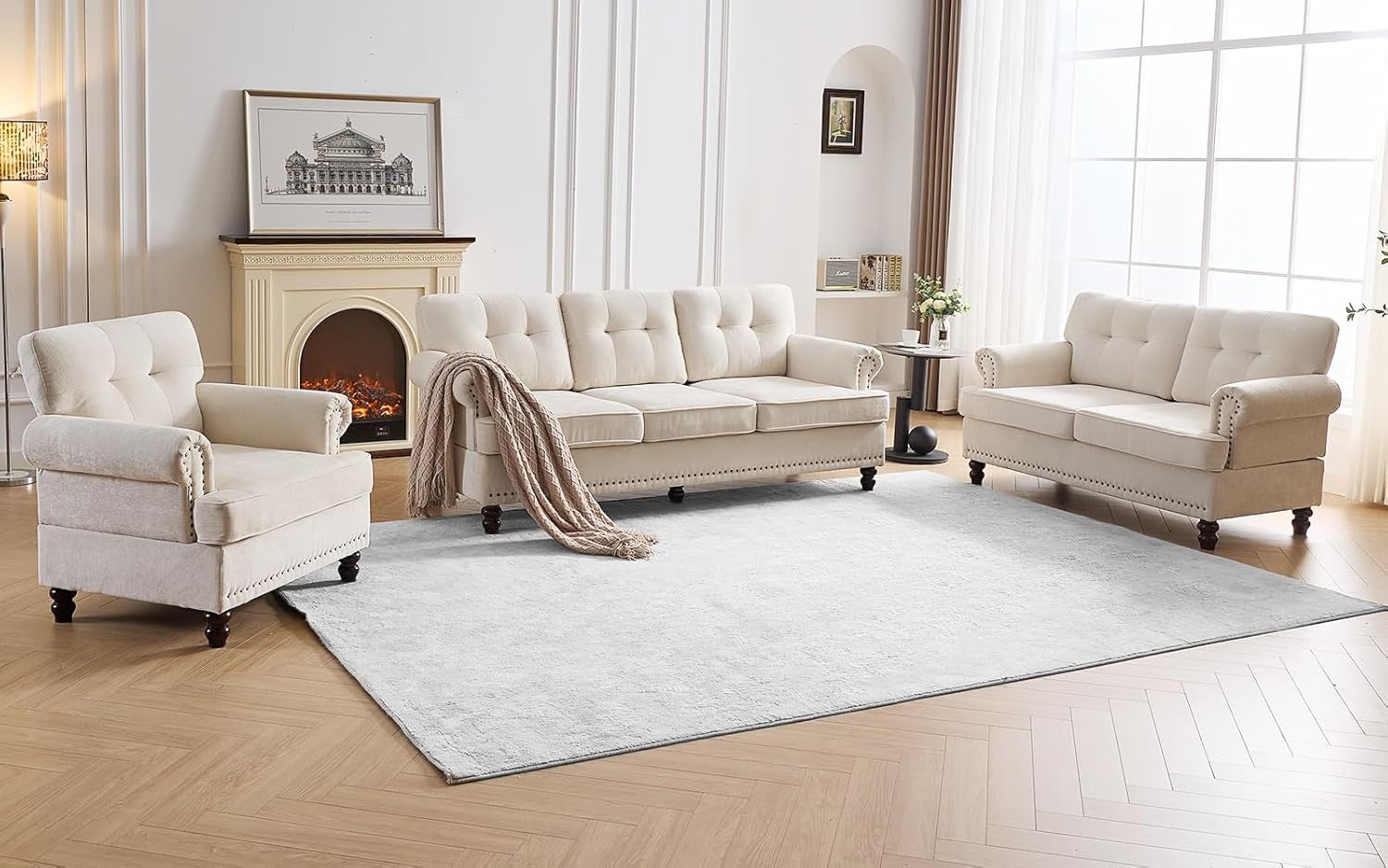Tufted Sofa Set for Living Room, Including 3 Seater Couch, Loveseat Sofa, and Living Room Chairs with Rivets, Rolled Arms, and Solid Wood Legs, Couches for Living Room, Bedroom, Office, Biege-2