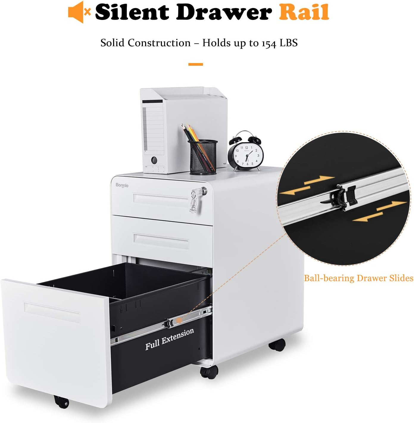 23.8" H 3 Drawer Rolling File Cabinet with Lock, Mobile File Cabinet under Desk with Pencil Tray, White Locking File Cabinet for Home Office, Metal Filing Cabinet Printer Stand Fully Assembled-3