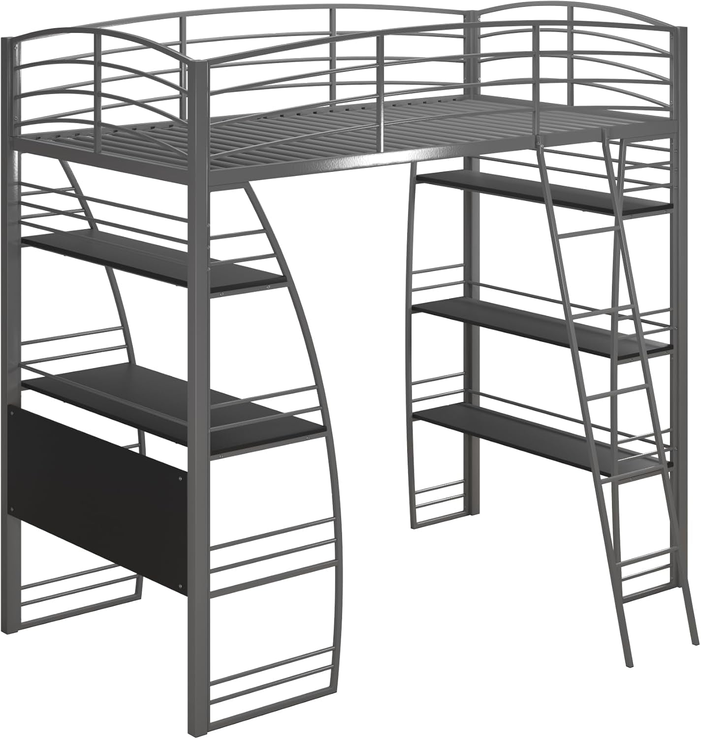 Studio Loft Bunk Bed over Desk and Bookcase with Metal Frame, Twin, Gray Gray-0
