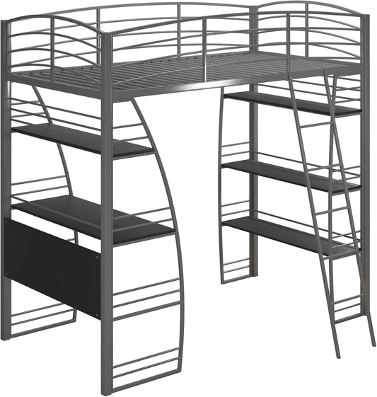 Studio Loft Bunk Bed over Desk and Bookcase with Metal Frame, Twin, Gray Gray-0