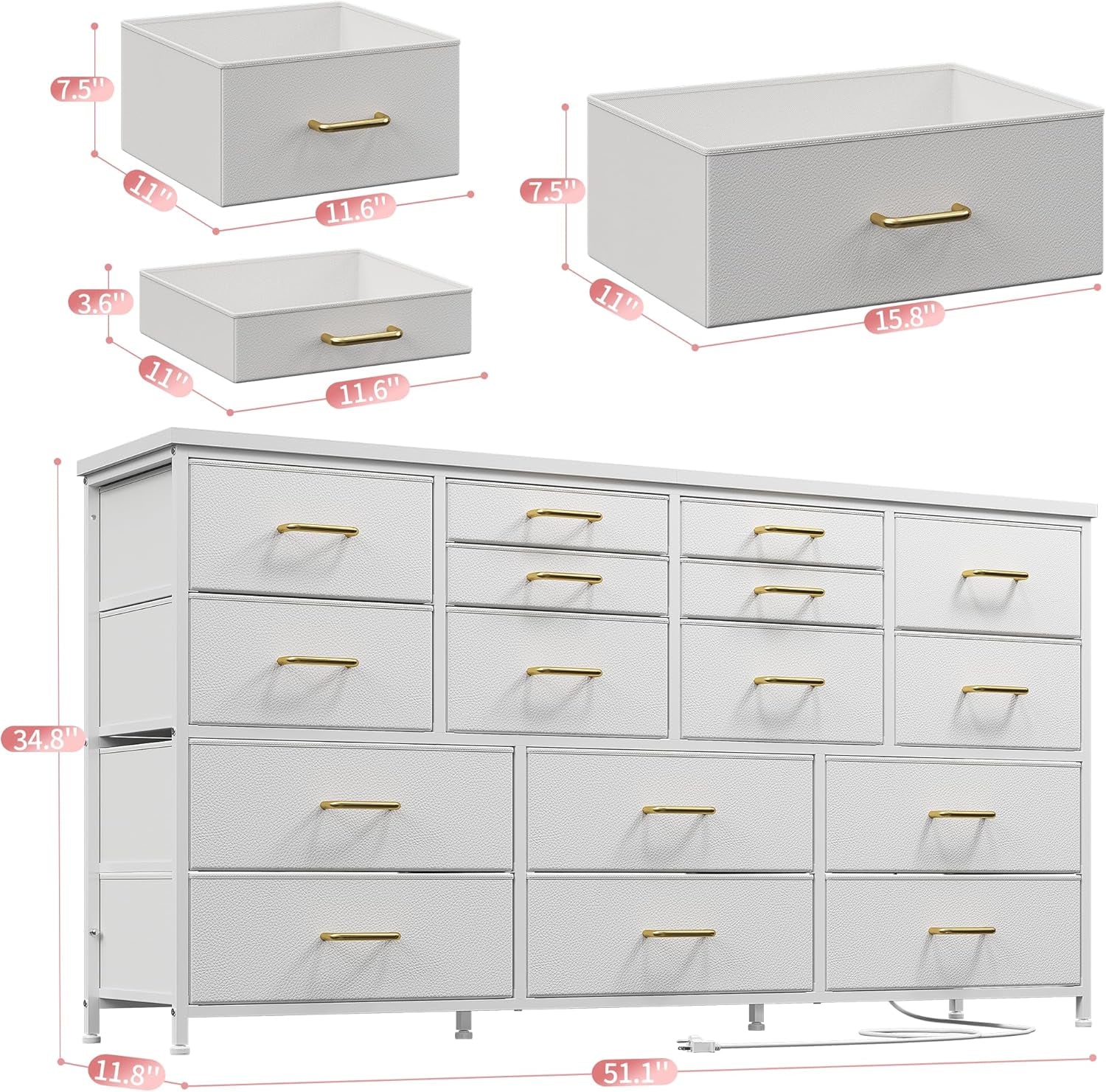 Dresser TV Stand with Power Outlet & USB White Dresser for Bedroom with 16 Drawers TV Stands for Living Room TV Stand with Storage for Bedroom,Media TV Console Table 51.1''W*11.8''D*34.8''H-1