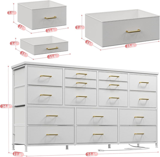 Dresser TV Stand with Power Outlet & USB White Dresser for Bedroom with 16 Drawers TV Stands for Living Room TV Stand with Storage for Bedroom,Media TV Console Table 51.1''W*11.8''D*34.8''H-1