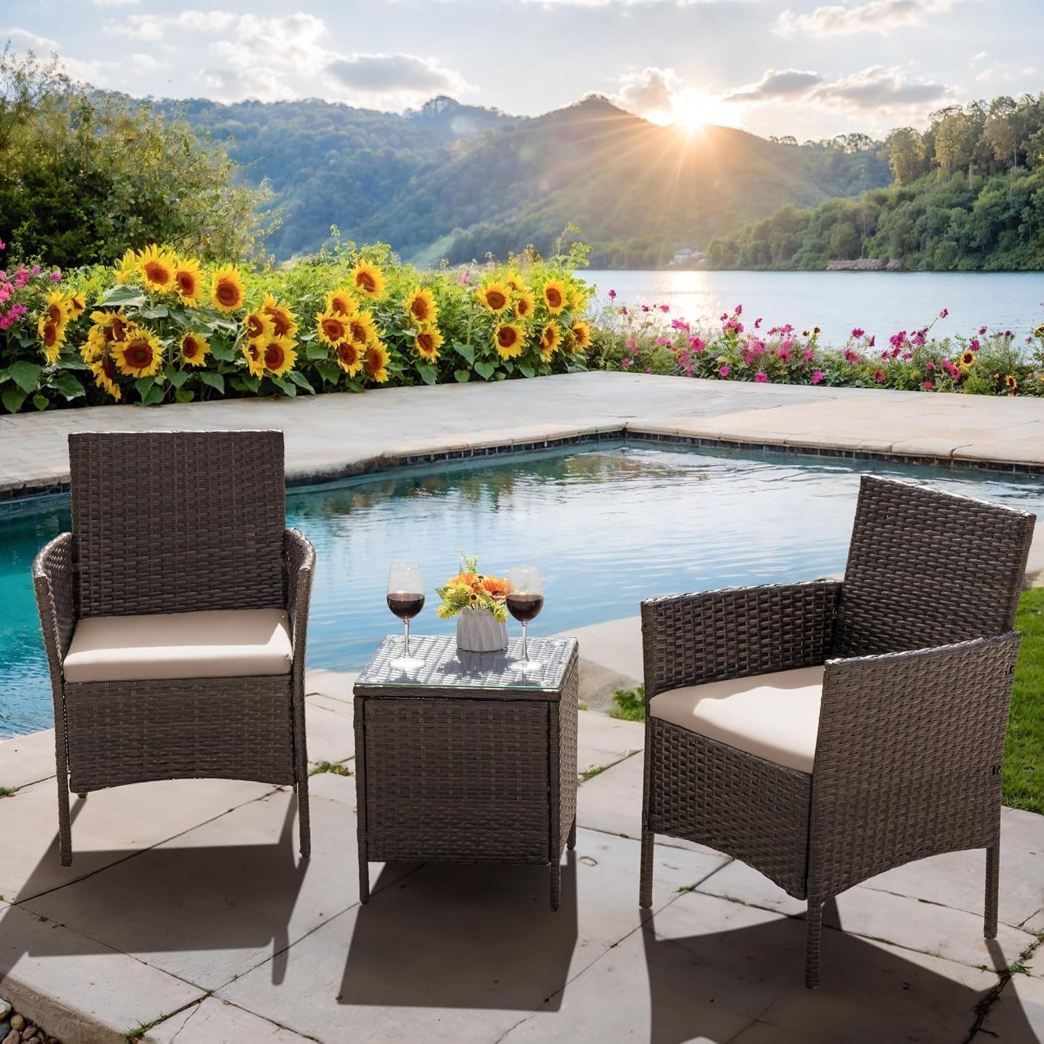 Patio Furniture Set 3 Pieces All-Weather Rattan Outdoor Furniture Patio Chairs with Tempered Glass Table for Porch Bistro Balcony (Brown/Cream)-4