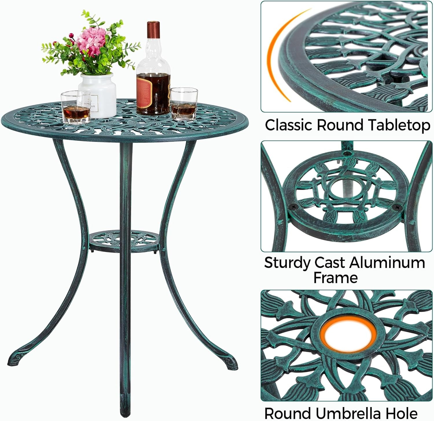 Patio Bistro Sets 3 Piece Cast Aluminum Bistro Table and Chairs Set, Cast Aluminum Bistro Table and Chairs Set of 2 with Umbrella Hole for Patio Backyard Balcony, Green-3