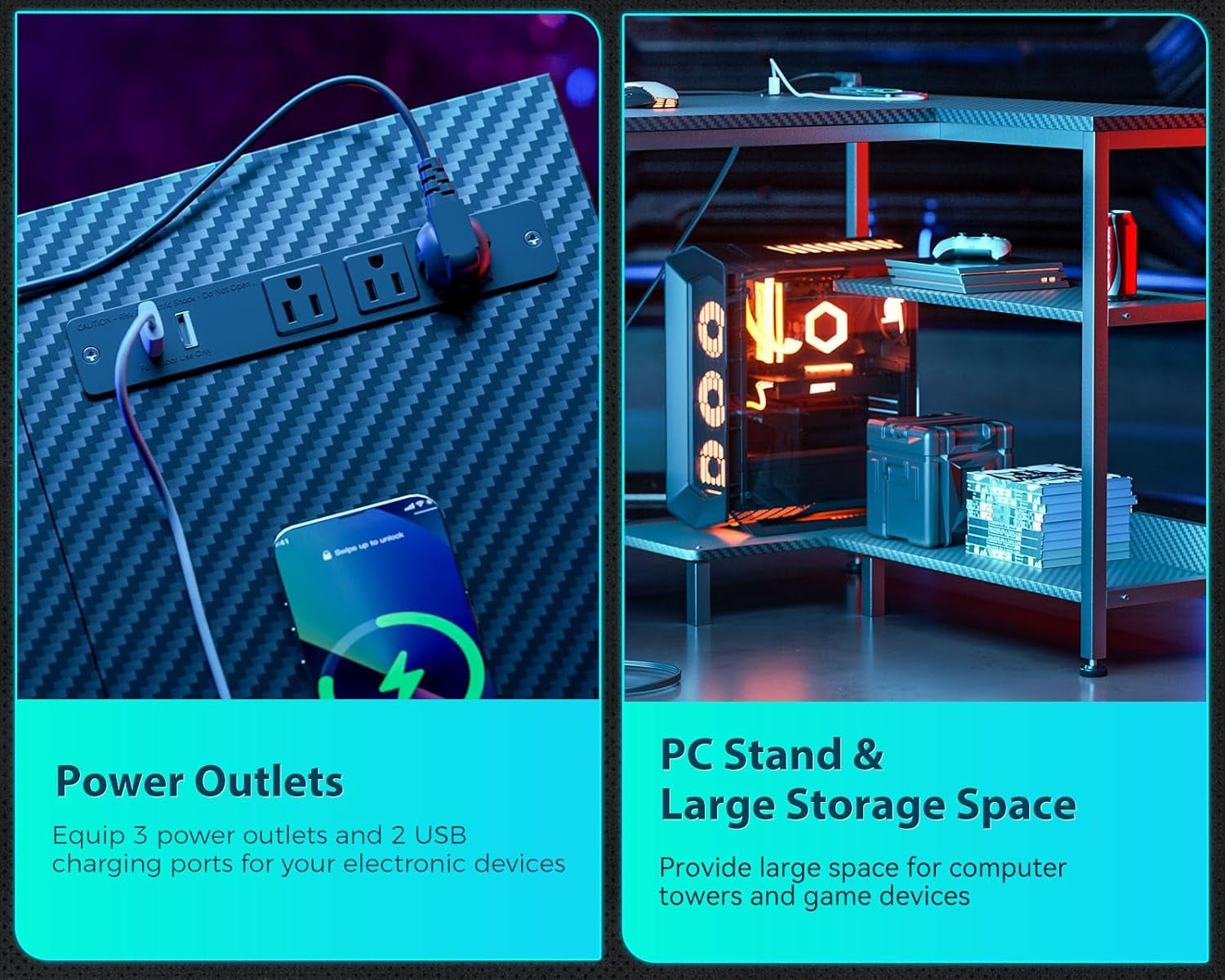 40 Inch Small L Shaped Gaming Computer Desk with Power Outlets, Corner Desk with Reversible Storage Shelves & PC Stand for Small Space, Modern Simple Home Office Table, Carbon Fiber Surface, Black-3