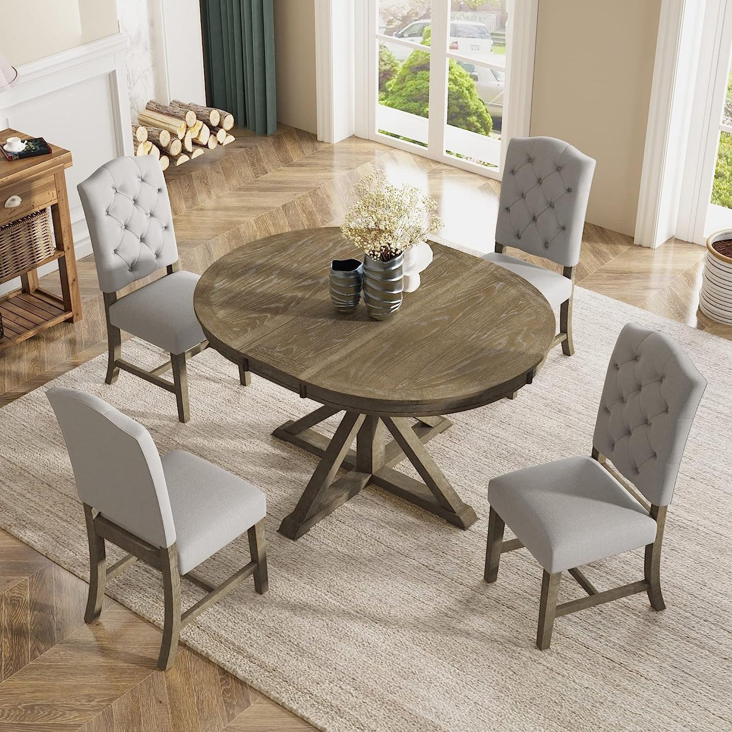 Farmhouse 5-Piece Dining Table Set with Extendable Table and 4 Comfortable Upholstered Chairs-1