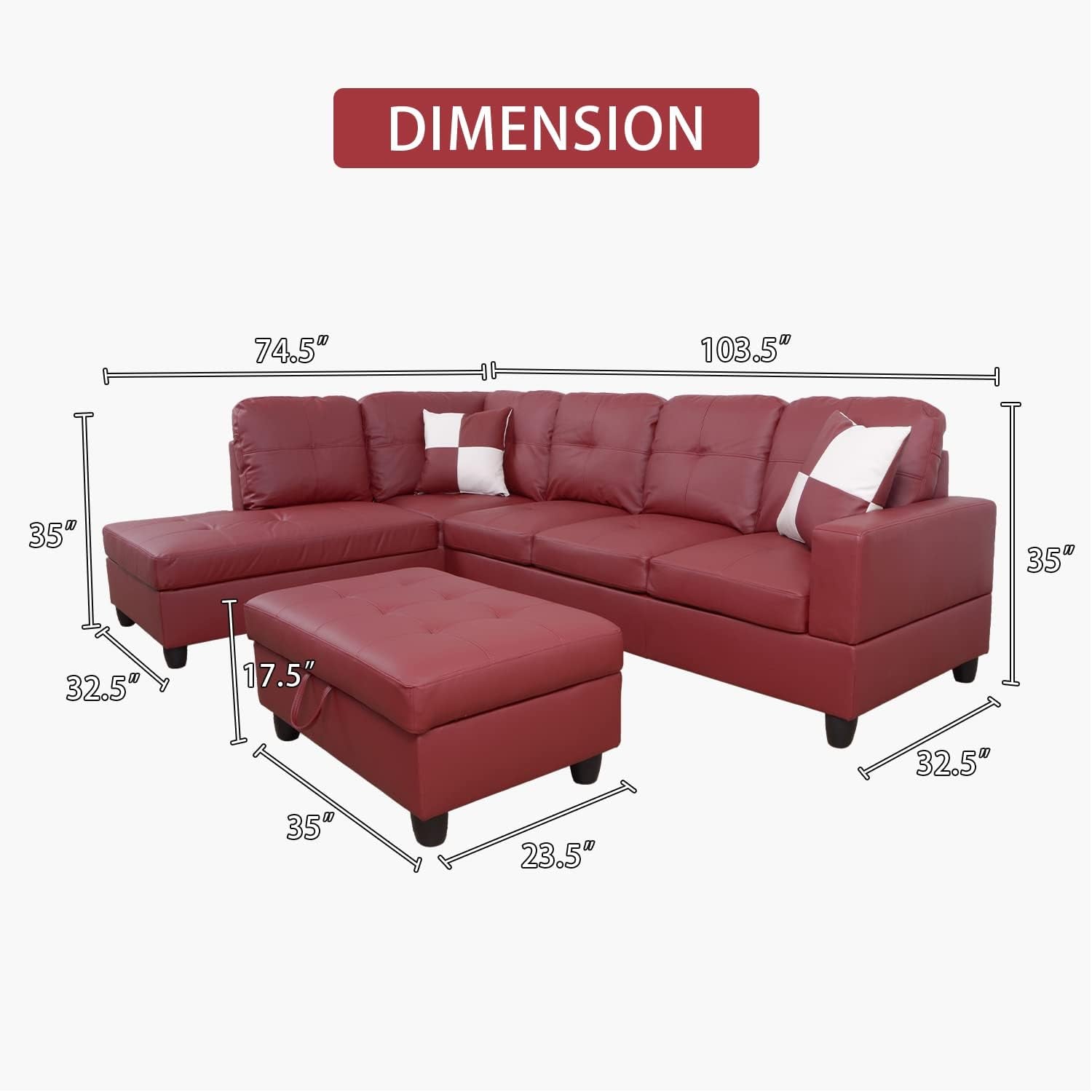 Ponliving Furniture Modern L-Shaped Leather Sectional Sofa Left Hand Facing (Red)-1