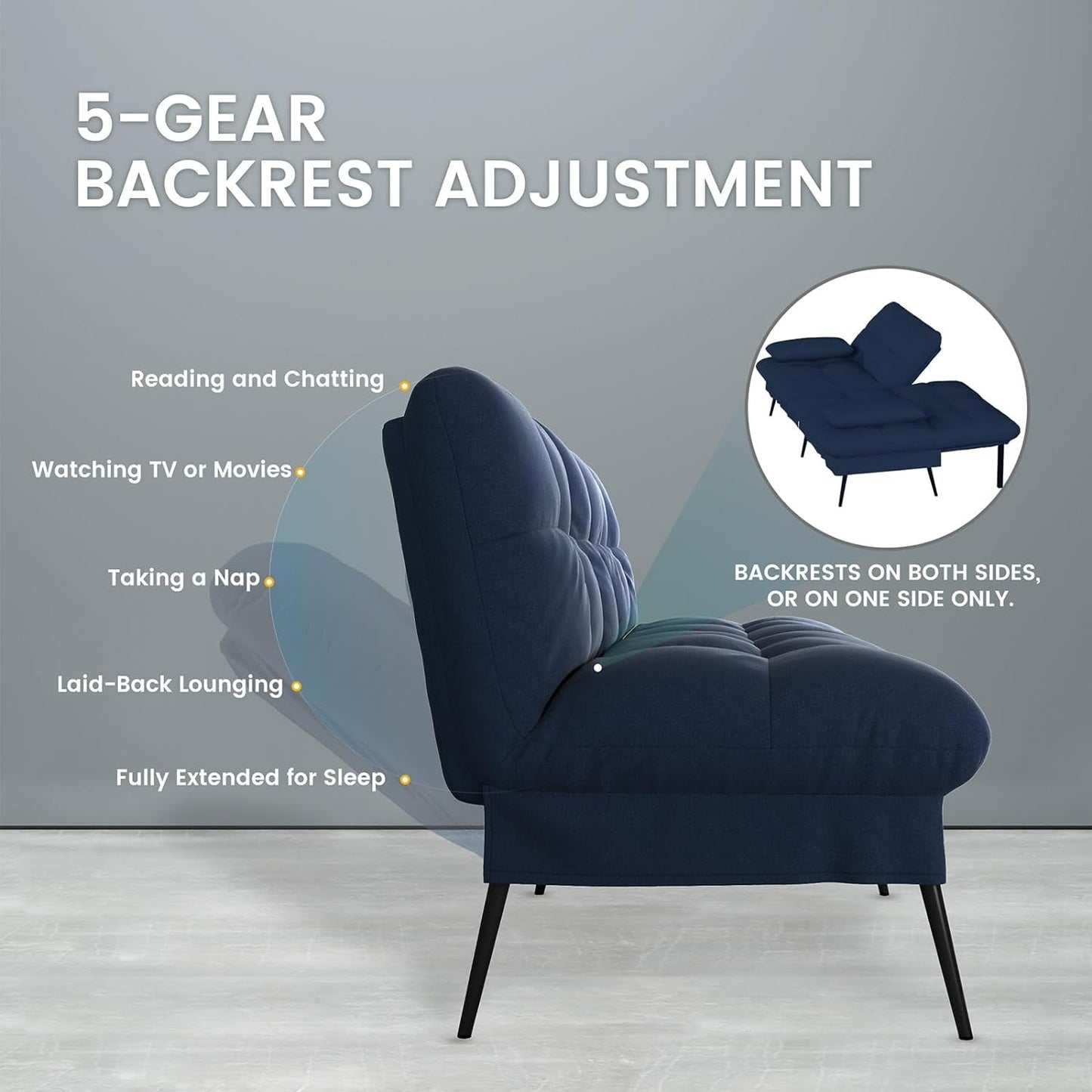 Convertible Futon Sofa Bed, 68″Fabric Futon Couch with Adjustable Backrest, Folding Futon Sleeper Recliner for Living Room Furniture (Drak Blue)-3