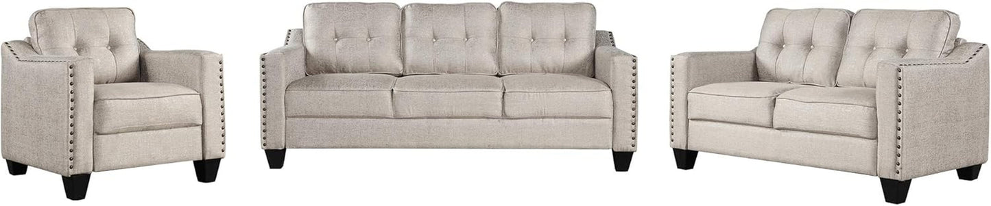 3 Piece Living Room Furniture Set, Linen Upholstered Modern Modular Sectional Couches with Tufted Back Cushions ,Three Seat Sofa and Loveseat, Singel Armchair with Nail Head Trim for Home Office-2