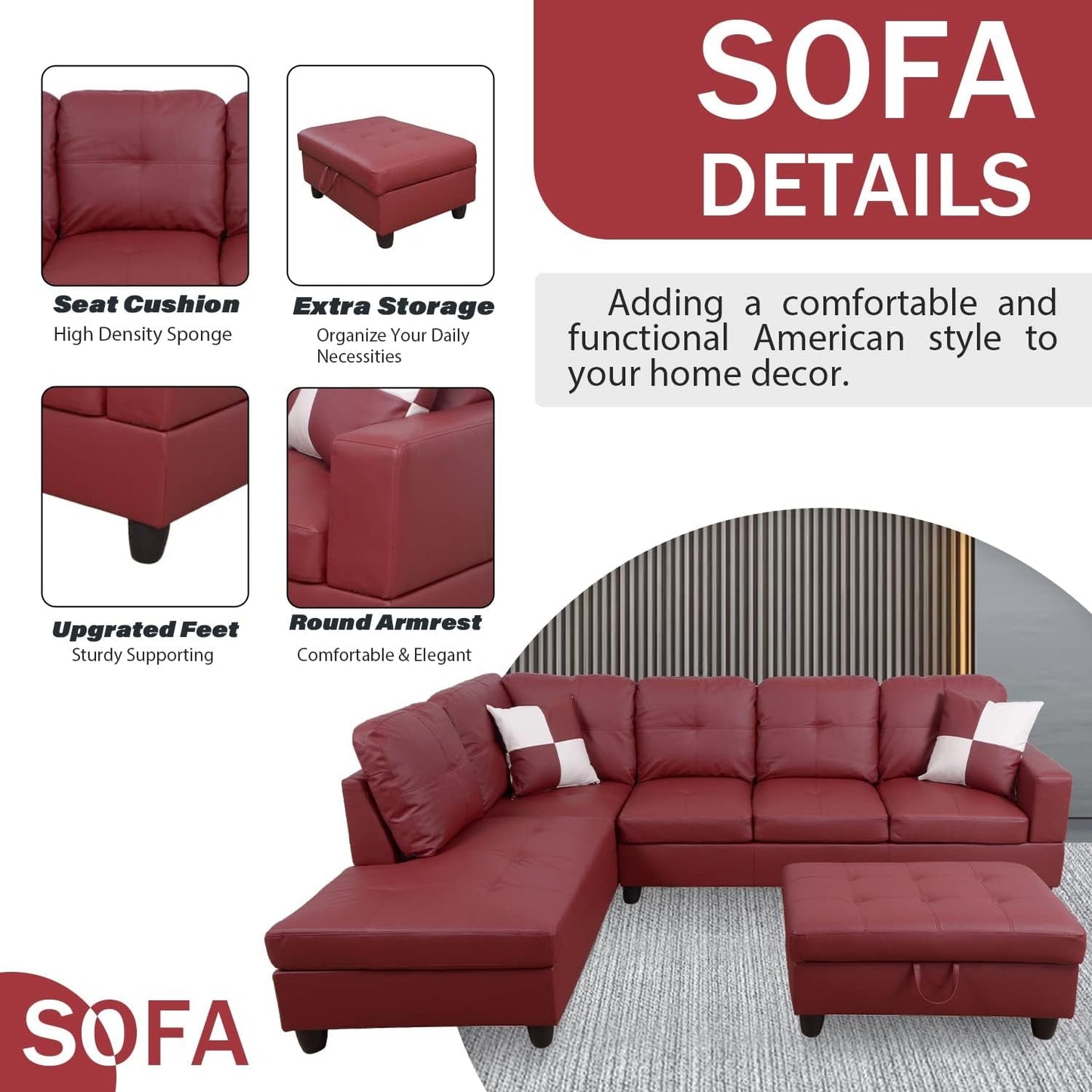 Ponliving Furniture Modern L-Shaped Leather Sectional Sofa Left Hand Facing (Red)-4