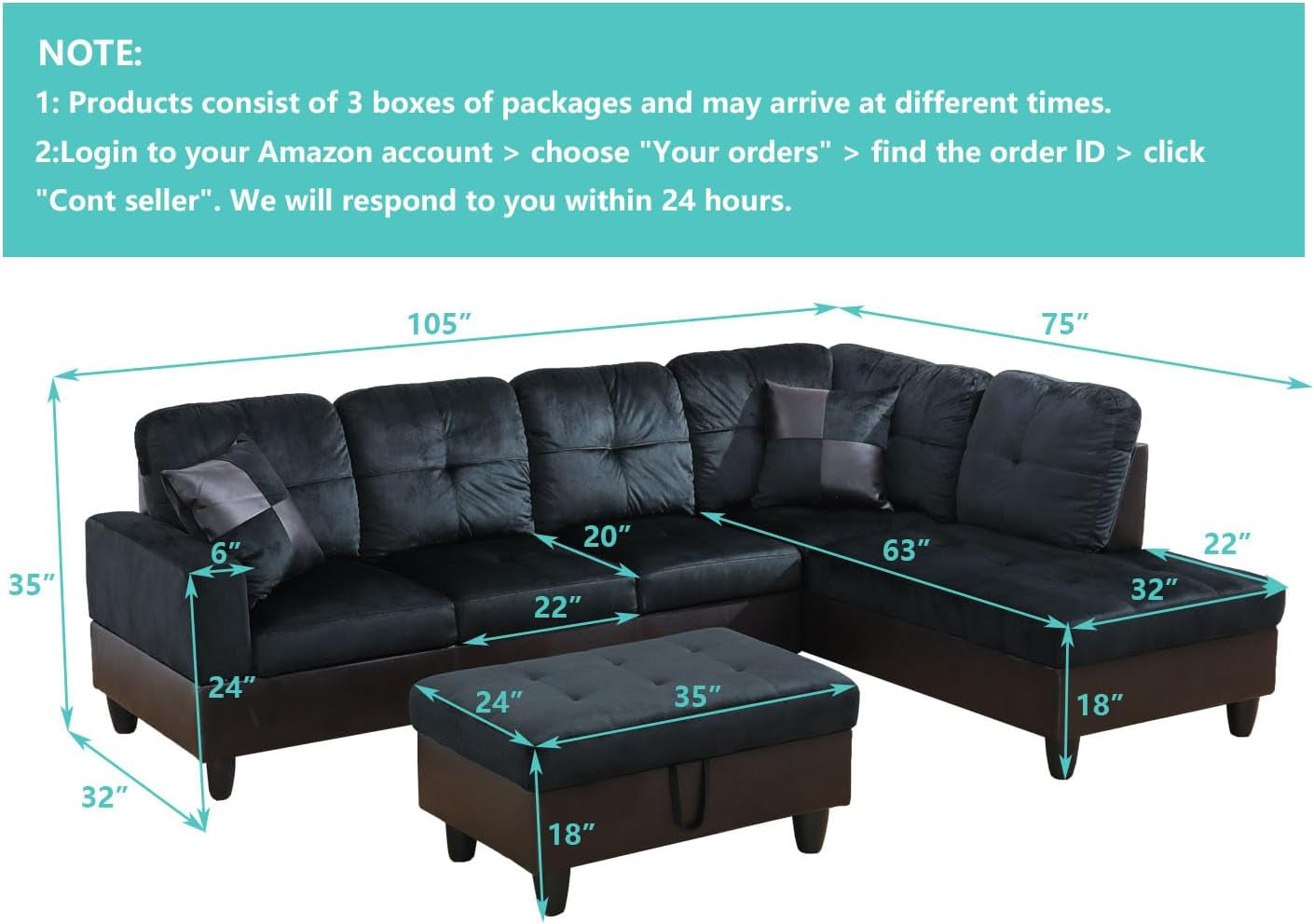 Midnight Blue Sectional Couch for Living Room Set, 105 Inch Sectional Sofa L Shaped Couch with Storage Ottoman/Microfiber Fabric/Facing Right Chaise-1