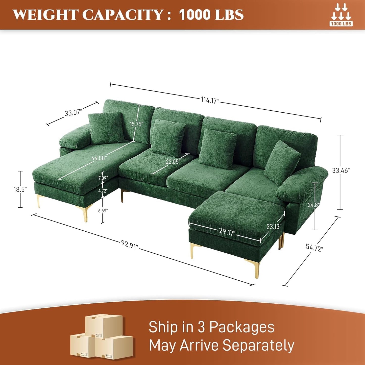 U-Shaped Sectional Sofa Couch, 4 Seat Chenille Sofa Set for Living Room, Convertible L-Shaped Couch Set with Ottoman, Chaise Lounge and 4 Pillows,114 Inches, Dark Green-1
