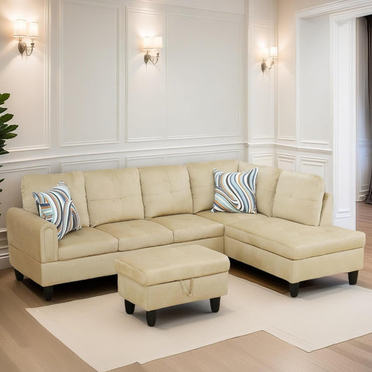 L Shaped Sectional Couches for Living Room, Modern Modular Sectional Sofa with Ottoman Storage, Comfy L Shaped Couch with Chaise for Bedroom Apartment Furniture, Beige-0