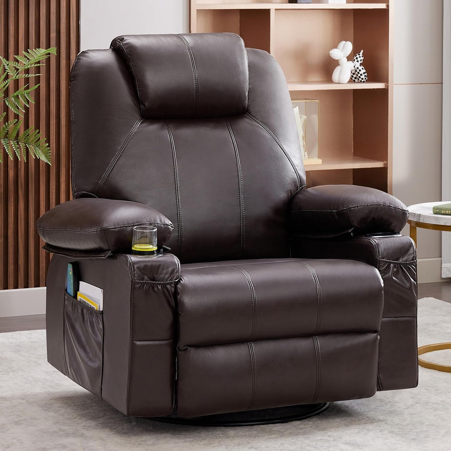 Oversized Swivel Rocker Recliner Chair with Heat and Massage, 360 Degree Swivel Rocking Single Sofa with Cup Holders and USB Port, Big Large Recliner Chair for Living Room (Leather, Brown)-0