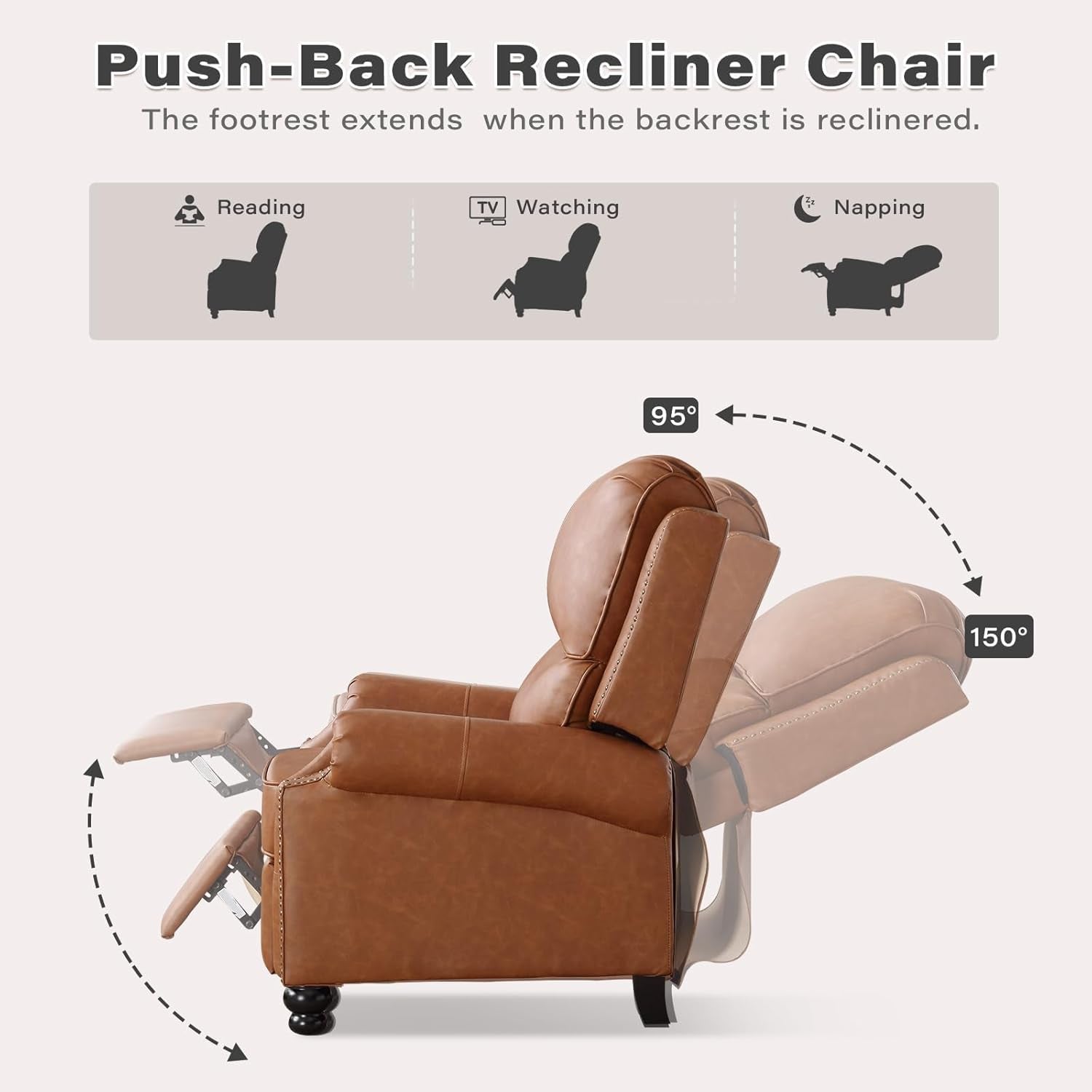 Push Back Recliner Chair, Textured Leather Overstuffed Wingback Recliner, Adjustable Pushback Chair with Padded Seat and Back, Single Reclining Sofa for Living Room, Bedroom(Cognac Brown)-3